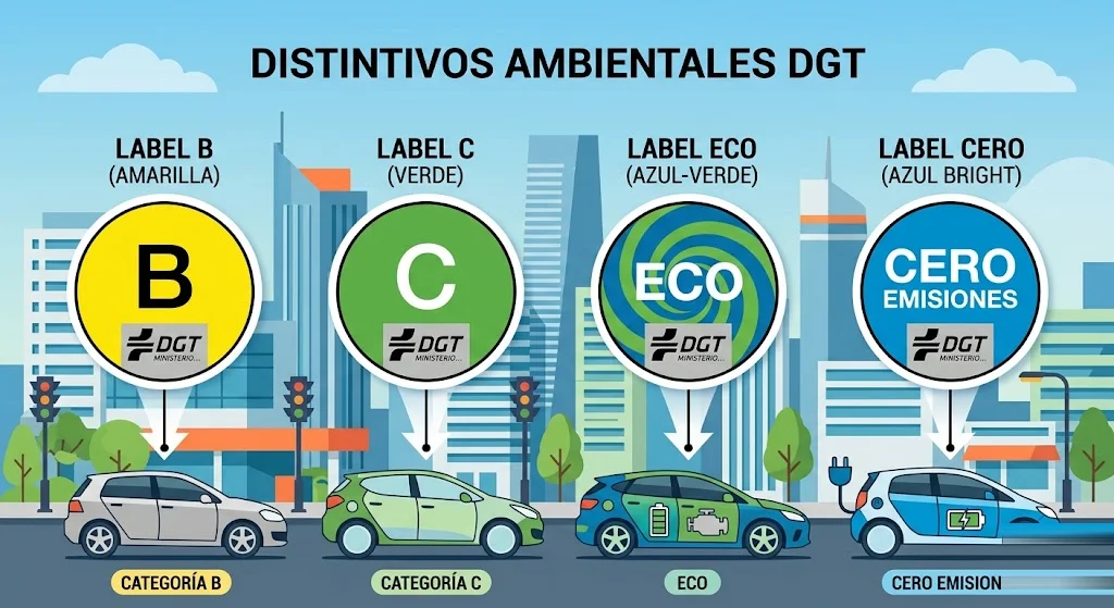 Infografía de los cuatro distintivos ambientales de la DGT —etiqueta B amarilla, C verde, ECO y Cero Emisiones— con los tipos de vehículo que corresponden a cada categoría
