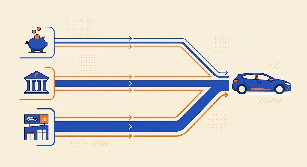 Ilustración de tres vías de financiación de un coche representadas como caminos paralelos de distinto grosor que llegan al mismo vehículo: banco, concesionario y ahorro propio