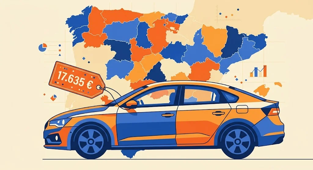 Coche de segunda mano con una etiqueta de precio de 17.635 euros sobre un mapa de España con variaciones por comunidad autónoma