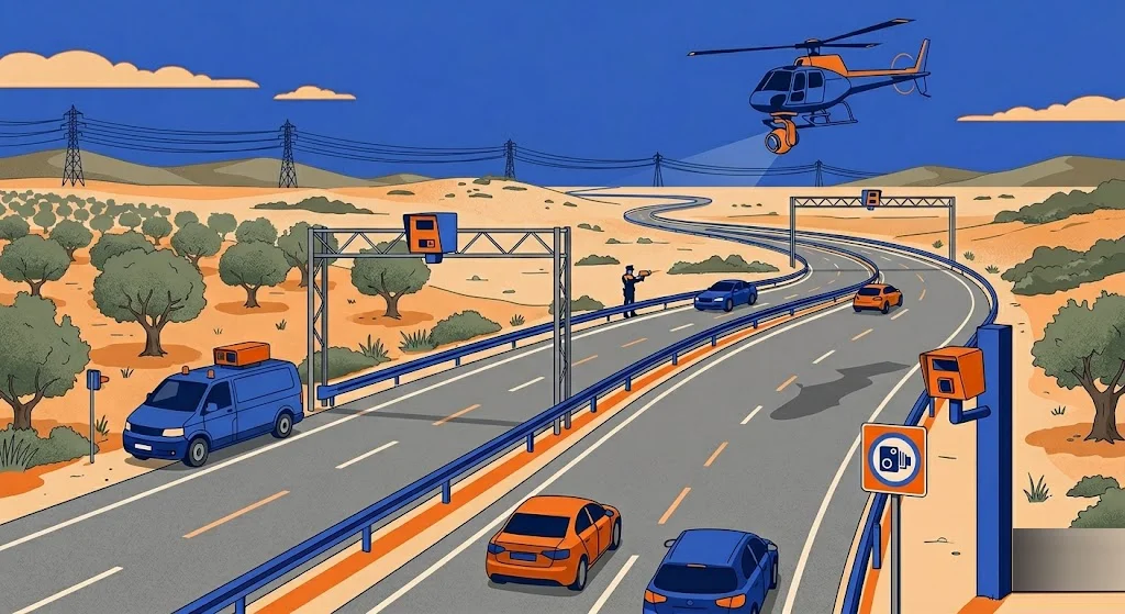 Autovía española con los cinco tipos de radar de la DGT: radar fijo en pórtico, furgoneta camuflada, radar de tramo, agente con dispositivo láser y helicóptero con cámara