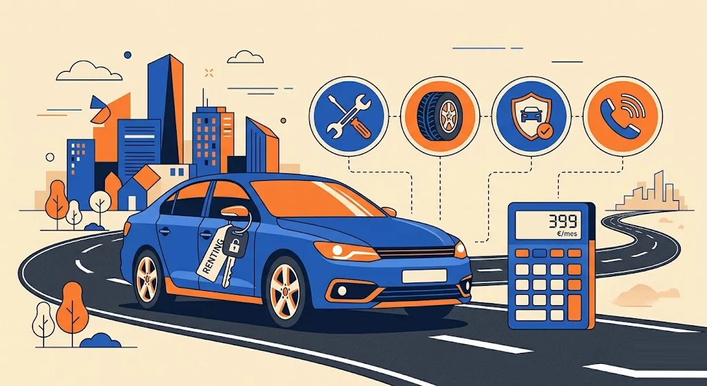 Coche de renting con iconos de mantenimiento, neumáticos, seguro y asistencia, y una calculadora con la cuota mensual