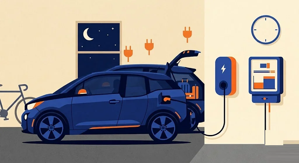 Ilustración de tres coches eléctricos familiares de cinco puertas en fila escalonada, con el maletero abierto mostrando la capacidad de carga