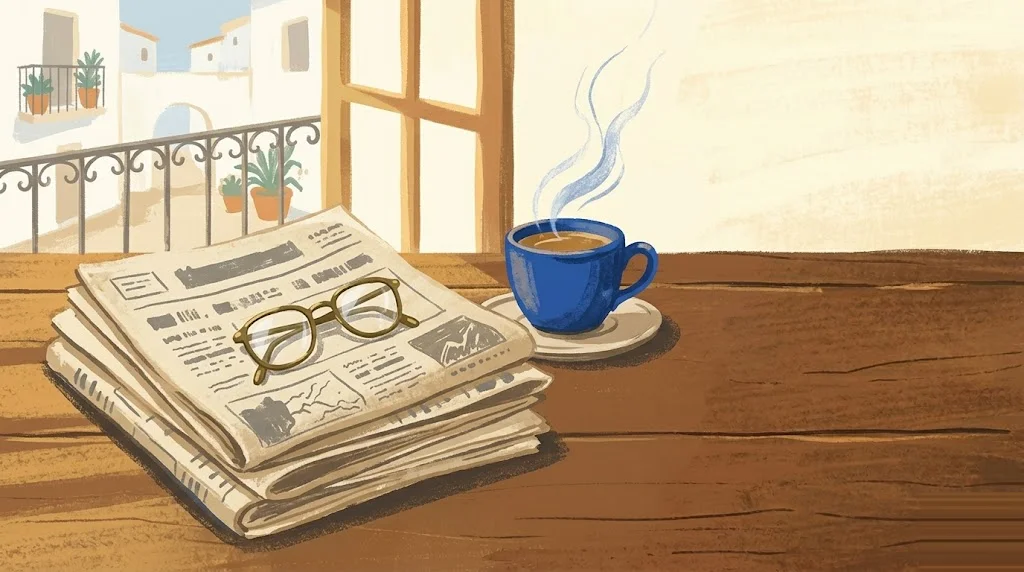 Ilustración editorial: periódicos doblados junto a taza de café y gafas de lectura sobre mesa de madera