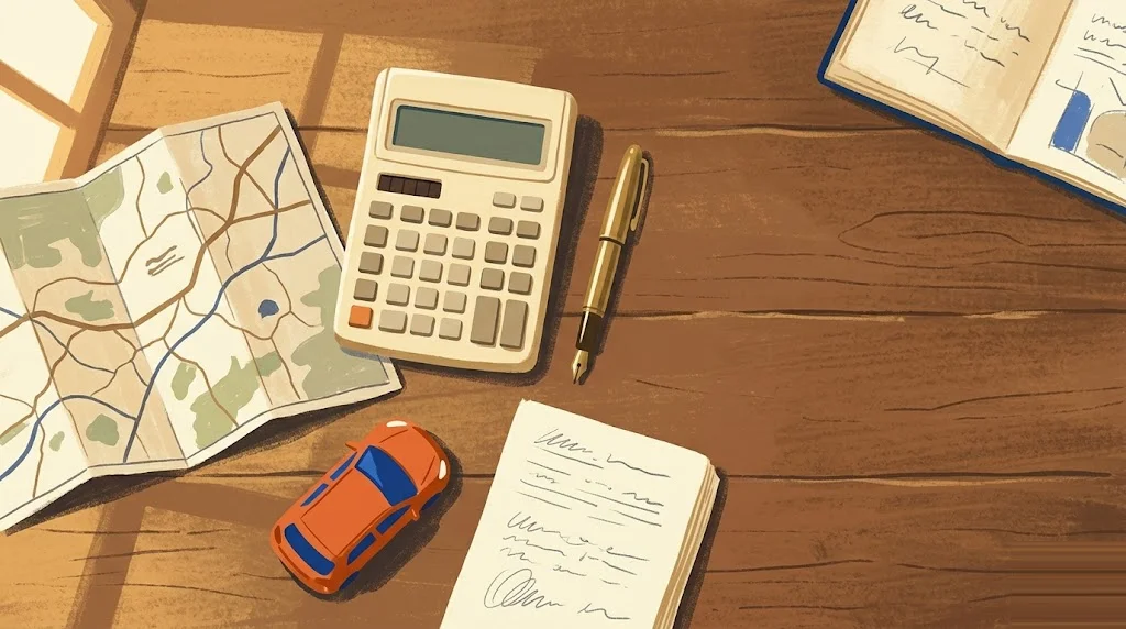 Ilustración editorial: calculadora vintage, mapa y bolígrafo sobre escritorio de madera