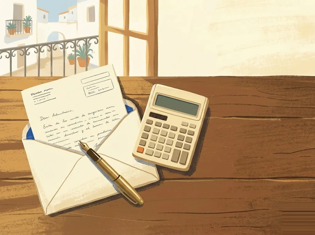 Ilustración editorial: sobre con notificación administrativa, calculadora vintage y pluma estilográfica