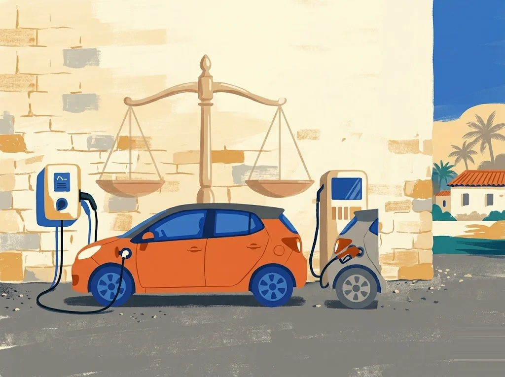 Ilustración editorial: dos coches genéricos lado a lado, uno conectado a wallbox y otro a surtidor, con balanza al fondo