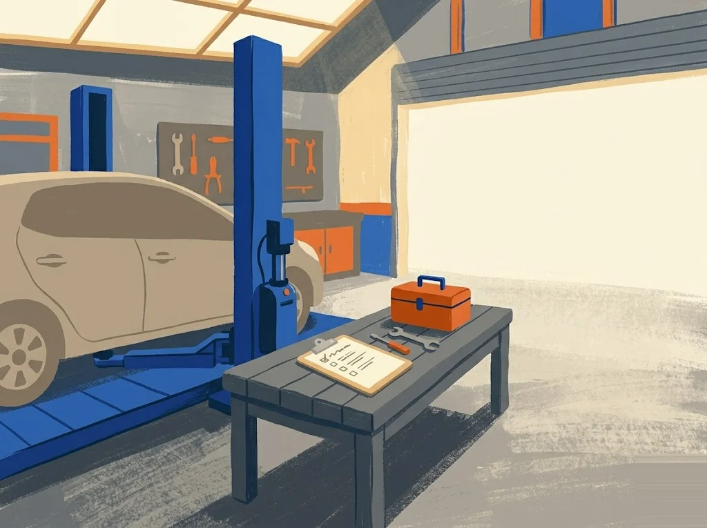 Ilustración editorial: silueta de coche en bahía de taller con elevador hidráulico y portapapeles sobre banco