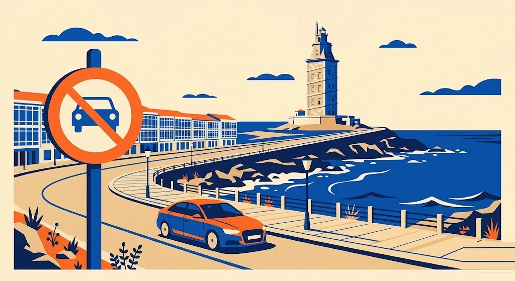 Ilustración de la Torre de Hércules de A Coruña, faro romano junto al océano Atlántico, con una señal de restricción de tráfico en primer plano