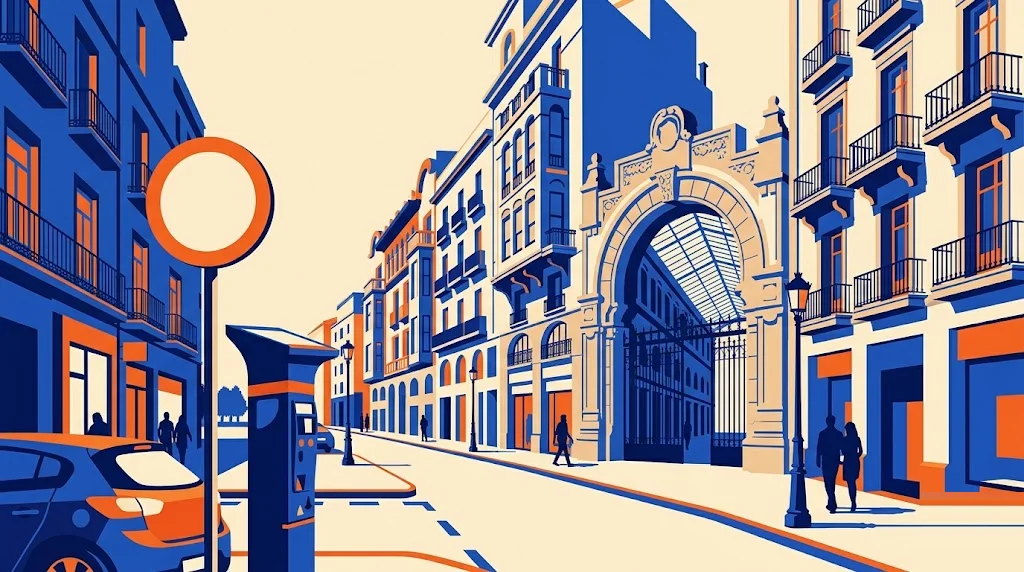 Ilustración de una calle comercial del centro de Albacete con un pasaje modernista al fondo, un parquímetro de zona azul y una señal de restricción de tráfico en primer plano