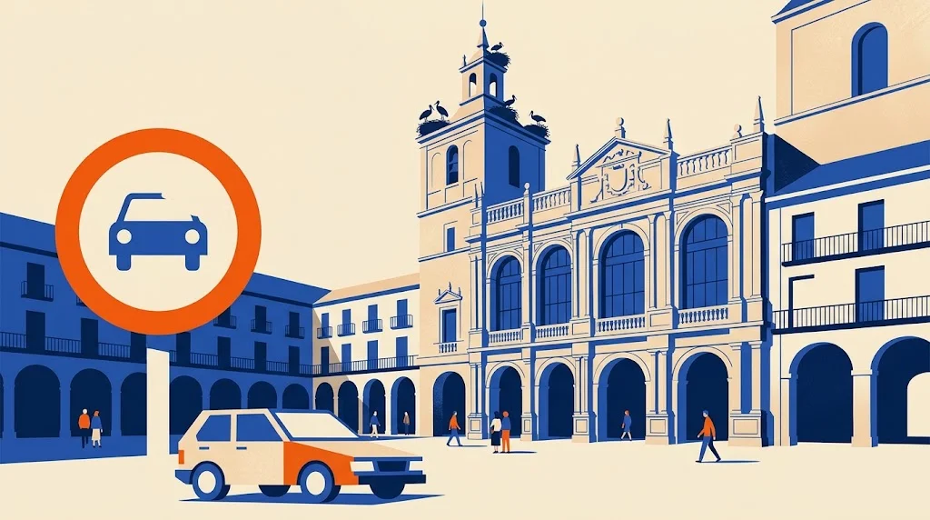 Ilustración de una plaza porticada de Alcalá de Henares con la fachada de la universidad histórica y nidos de cigüeña, y una señal de restricción de tráfico en primer plano