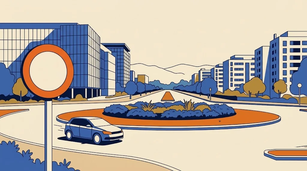 Ilustración de una avenida de Alcobendas con edificios de oficinas acristalados y una rotonda ajardinada, y una señal de restricción de tráfico en primer plano
