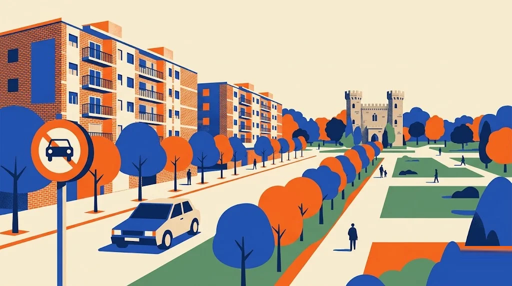 Ilustración de una avenida de Alcorcón con bloques de viviendas de ladrillo y un pequeño castillo de piedra en un parque al fondo, y una señal de restricción de tráfico en primer plano