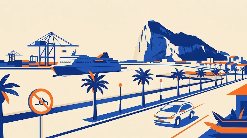 Ilustración del puerto de Algeciras con grúas y un ferri, el Peñón de Gibraltar al fondo y una señal de restricción de tráfico en primer plano