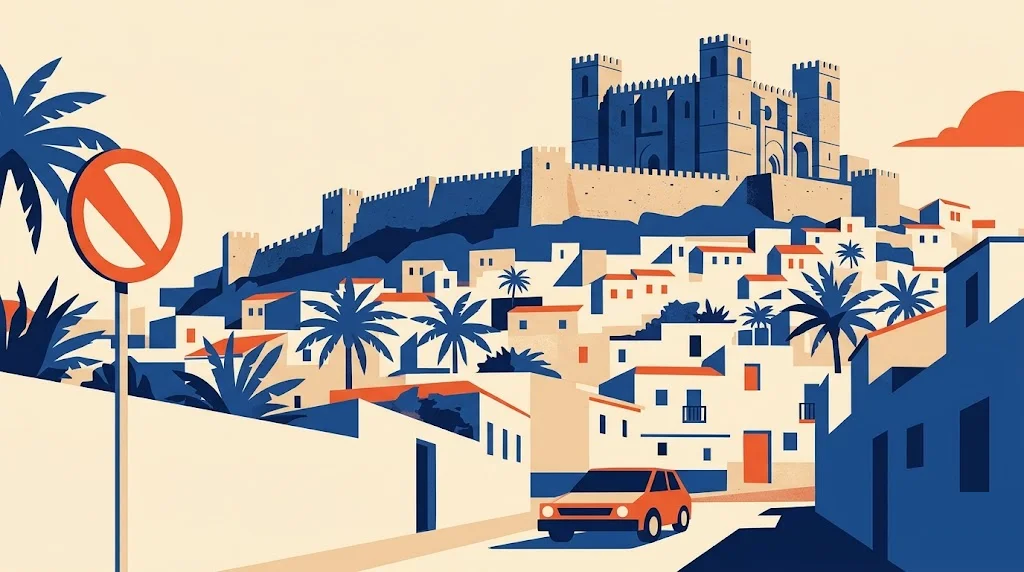 Ilustración del casco histórico de Almería con casas blancas, una catedral fortaleza y la muralla sobre un cerro, y una señal de restricción de tráfico en primer plano