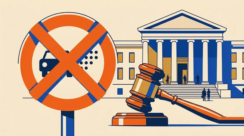 Ilustración de una señal de zona de bajas emisiones tachada con una cinta junto a un mazo de juez y la fachada de un palacio de justicia