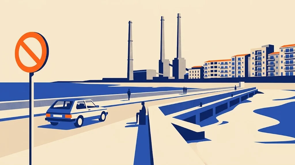 Ilustración del paseo marítimo de Badalona con el pantalán en el mar y tres chimeneas industriales al fondo, y una señal de restricción de tráfico en primer plano