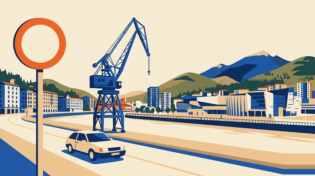 Ilustración de Barakaldo junto a la ría con viviendas, un recinto ferial moderno y montes verdes al fondo, y una señal de restricción de tráfico en primer plano