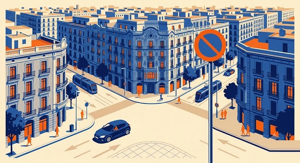 Ilustración de un cruce del Eixample de Barcelona con sus esquinas achaflanadas y edificios modernistas, con una señal de restricción de tráfico en primer plano