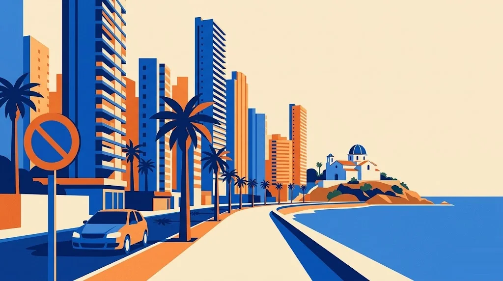 Ilustración de una avenida costera de Benidorm con rascacielos, palmeras y la iglesia de cúpula azul sobre el promontorio, con una señal de restricción de tráfico en primer plano