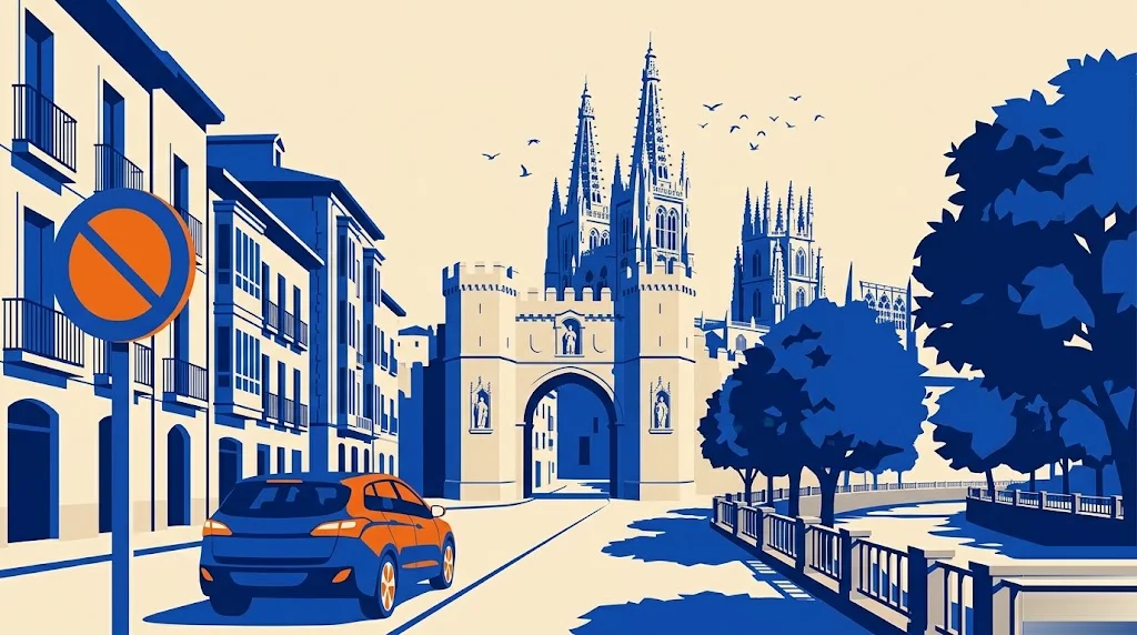 Ilustración del centro histórico de Burgos con las agujas de la catedral y un arco monumental al fondo y una señal de restricción de tráfico en primer plano