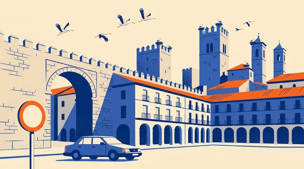 Ilustración de la Plaza Mayor de Cáceres con el Arco de la Estrella, la Torre de Bujaco y cigüeñas sobre las torres, y una señal de restricción de tráfico en primer plano