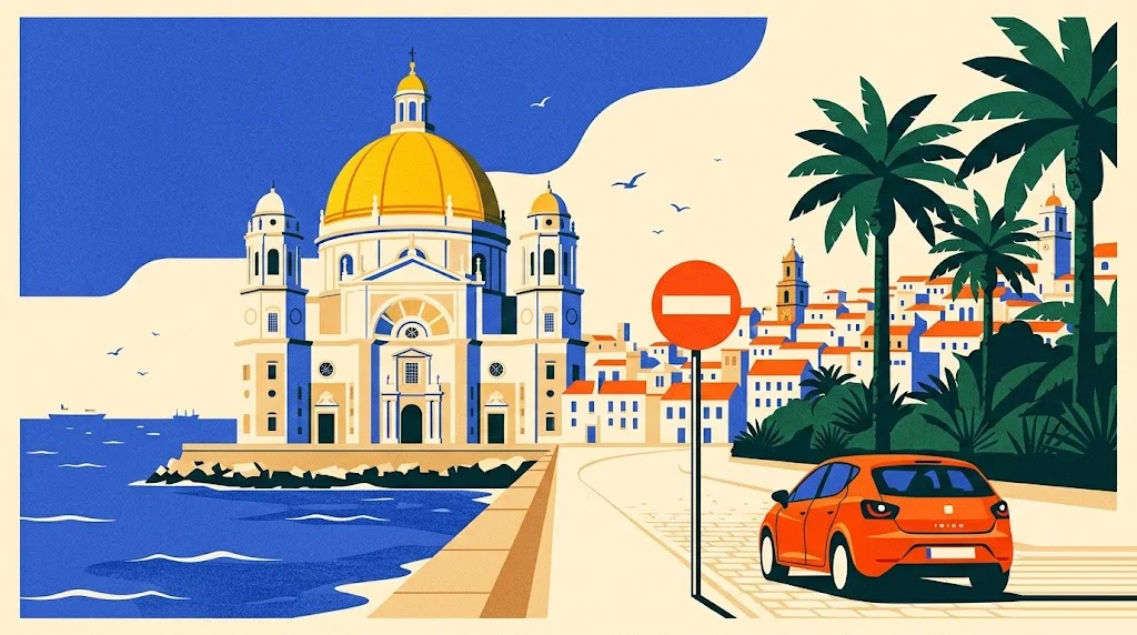 Ilustración de la Catedral de Cádiz con su cúpula dorada junto al mar y una torre mirador del casco antiguo entre palmeras, con una señal de restricción de tráfico en primer plano