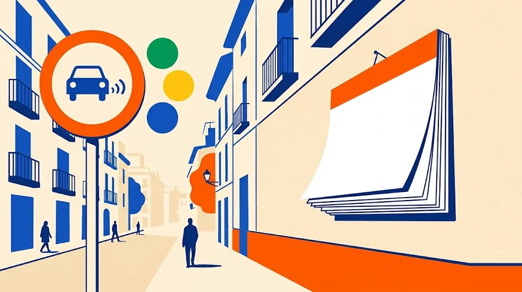 Ilustración de una calle con una señal de zona de bajas emisiones, tres círculos de colores como las etiquetas ambientales y un gran calendario en blanco colgado en una fachada
