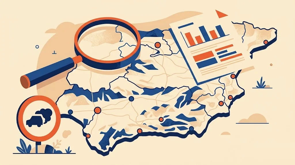 Ilustración de un mapa regional con varias ciudades marcadas, una lupa sobre un informe con gráficos de barras y una señal de zona de bajas emisiones