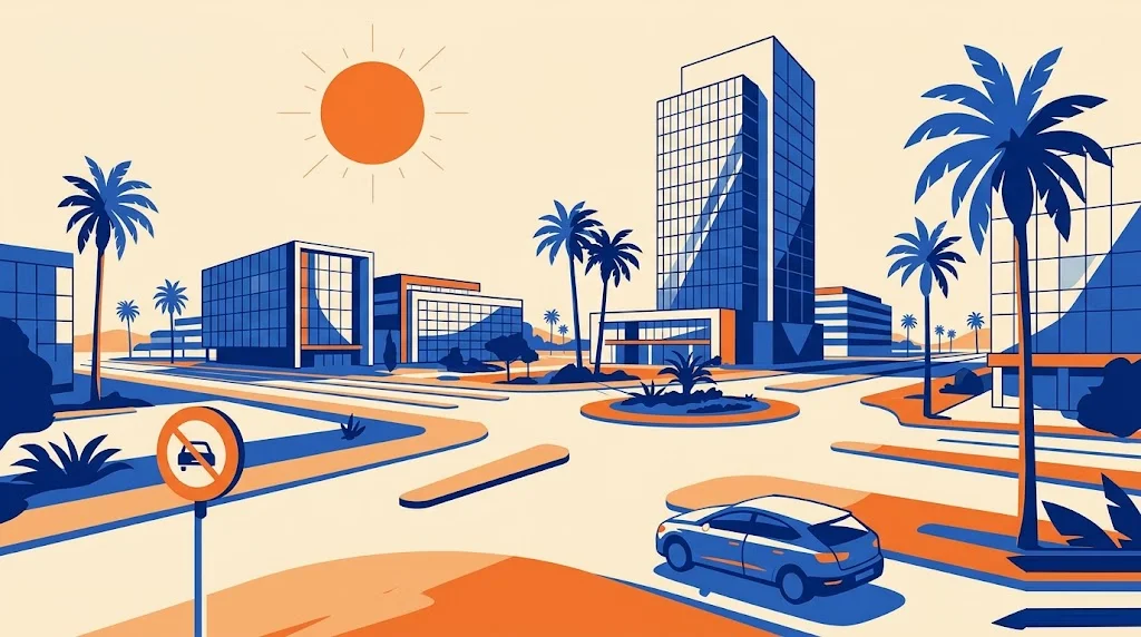 Ilustración de un parque empresarial moderno con edificios de oficinas y amplias avenidas en Dos Hermanas, y una señal de restricción de tráfico en primer plano