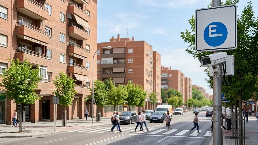 Ilustración de una calle residencial con edificios de ladrillo, un paso de peatones y una cámara de control de matrículas sobre un poste, como las del centro de Fuenlabrada