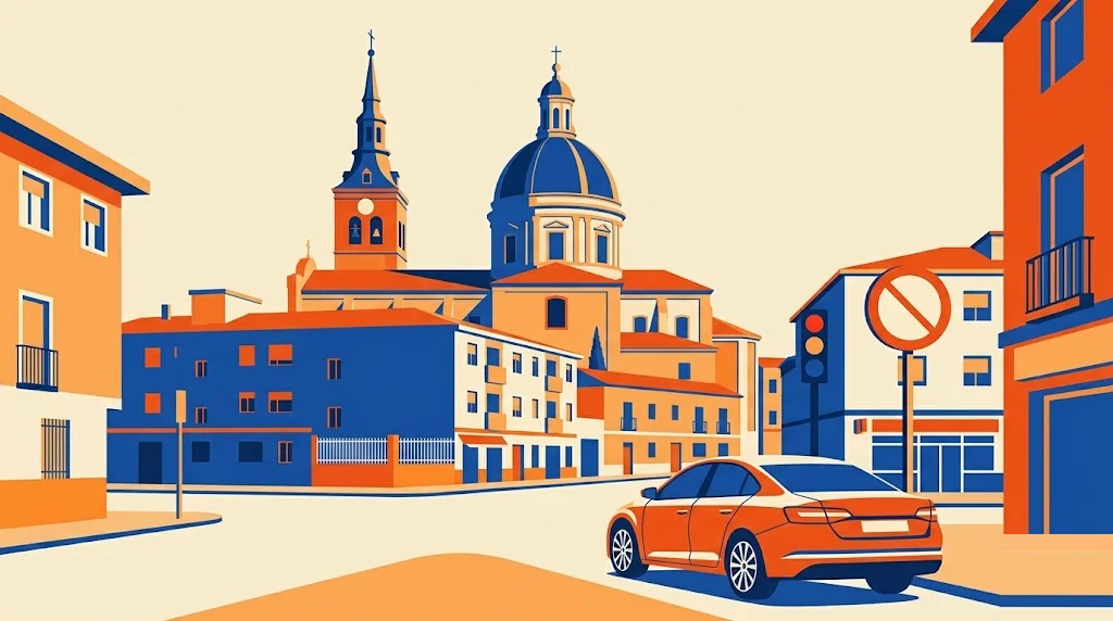 Ilustración de la cúpula neoclásica de la Basílica de la Magdalena de Getafe sobre un cruce de calles del sur del área metropolitana de Madrid, con una señal de restricción de tráfico en primer plano