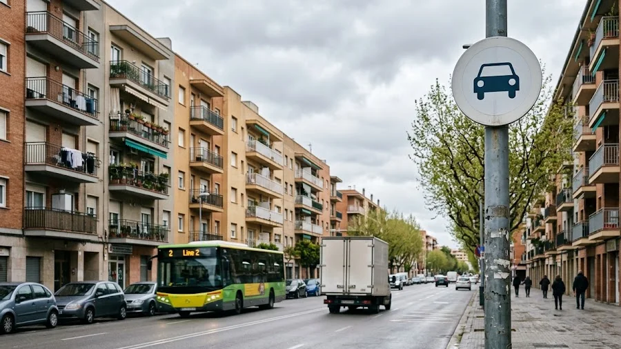 Ilustración de una avenida de un barrio obrero con bloques de viviendas, un autobús y una furgoneta, con una señal de tráfico en primer plano, en referencia al barrio de La Calzada de Gijón