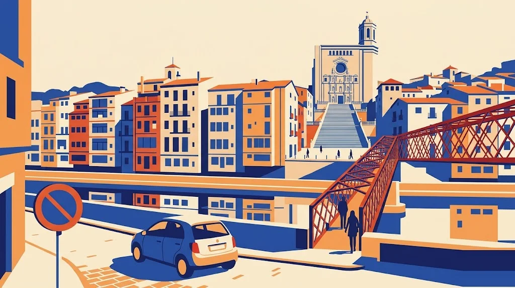 Ilustración de las casas de colores sobre el río Onyar en Girona con la catedral al fondo y una señal de restricción de tráfico en primer plano