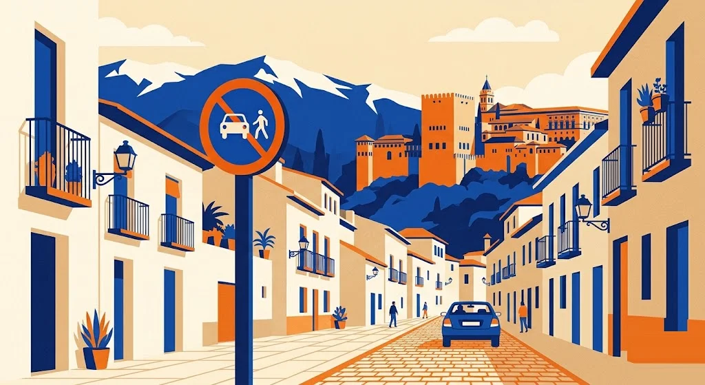 Ilustración de la Alhambra de Granada sobre la colina de la Sabika con la Sierra Nevada nevada al fondo, con una señal de restricción de tráfico en primer plano