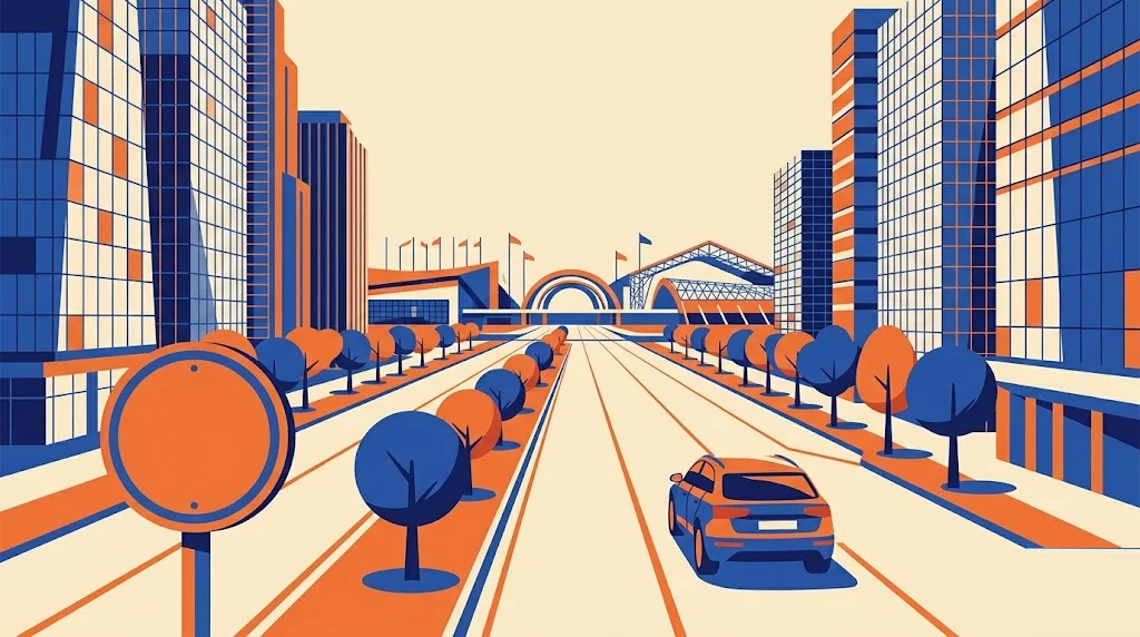 Ilustración de una gran avenida metropolitana de L'Hospitalet con torres de oficinas y un recinto ferial al fondo y una señal de restricción de tráfico en primer plano