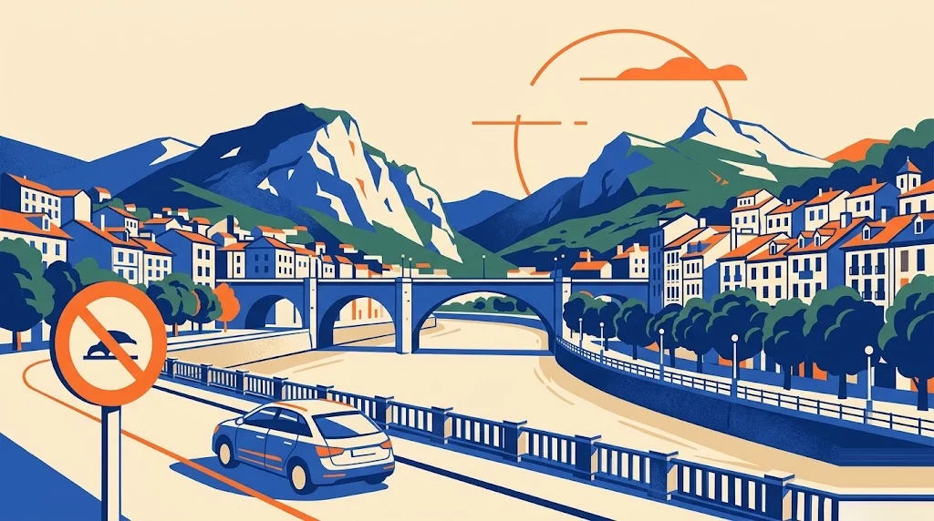 Ilustración de Irun con el río Bidasoa y el puente internacional hacia Hendaya, las peñas de Aia al fondo y una señal de restricción de tráfico en primer plano