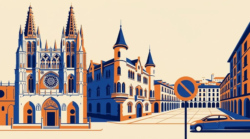 Ilustración de una plaza de León con la fachada gótica de la catedral y un palacio modernista, y una señal de restricción de tráfico en primer plano