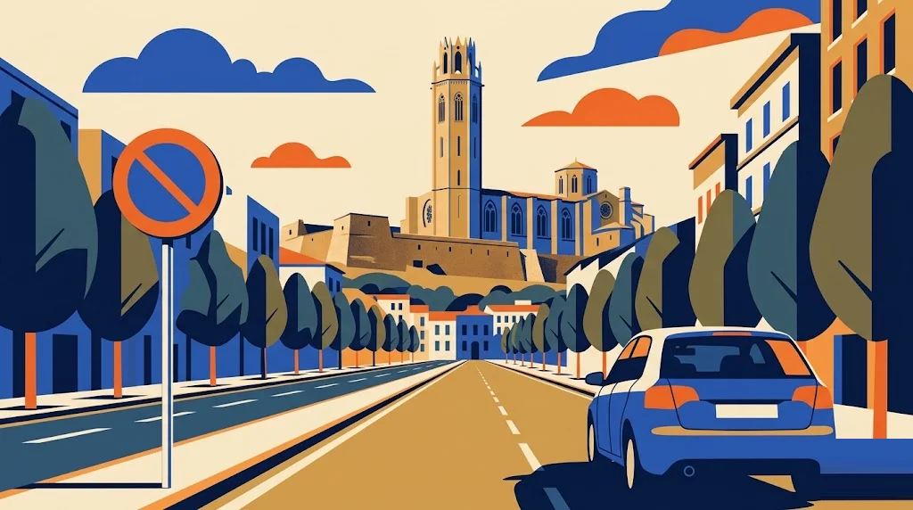 Ilustración de una avenida del centro de Lleida con la Seu Vella sobre la colina al fondo y una señal de restricción de tráfico en primer plano