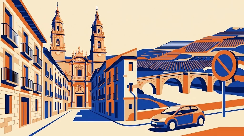 Ilustración del casco antiguo de Logroño con una concatedral de dos torres y un puente de piedra sobre el río, y una señal de restricción de tráfico en primer plano