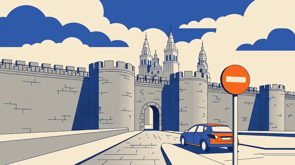 Ilustración de la muralla romana de Lugo con sus torres semicirculares y la catedral al fondo, y una señal de restricción de tráfico en primer plano