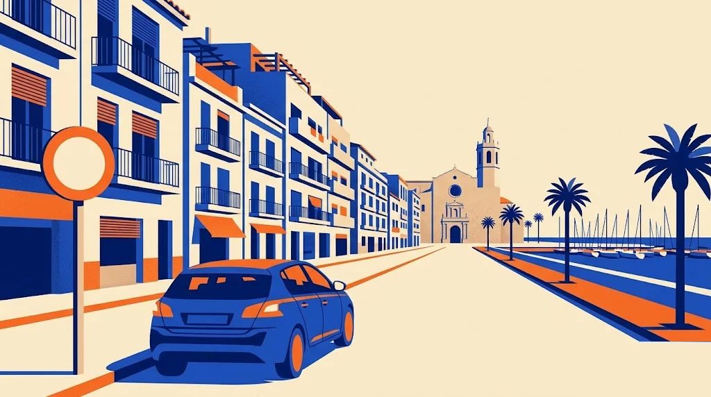 Ilustración de una avenida de Mataró con una basílica de piedra al fondo y el puerto a un lado, con una señal de restricción de tráfico en primer plano