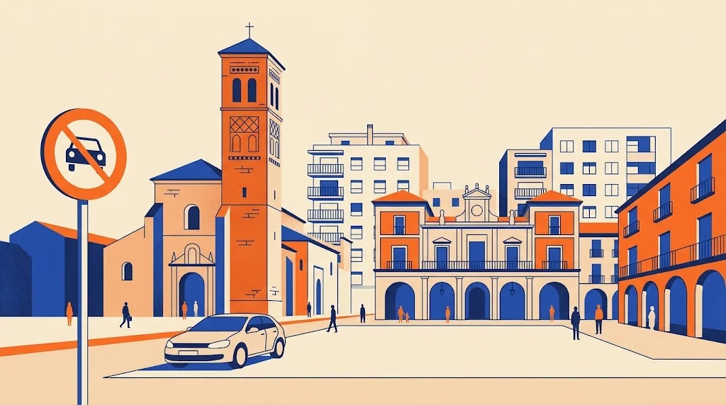 Ilustración de una plaza de Móstoles con una iglesia de torre de ladrillo y una casa consistorial con soportales, y una señal de restricción de tráfico en primer plano
