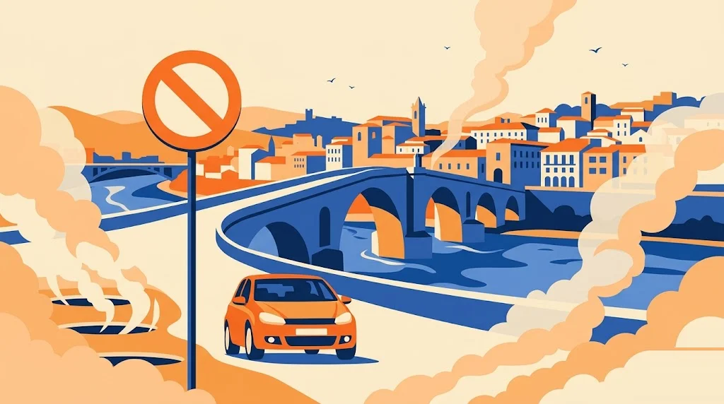 Ilustración del Puente Romano de Ourense cruzando el río Miño, con vapor termal de As Burgas ascendiendo en primer término, con una señal de restricción de tráfico en primer plano