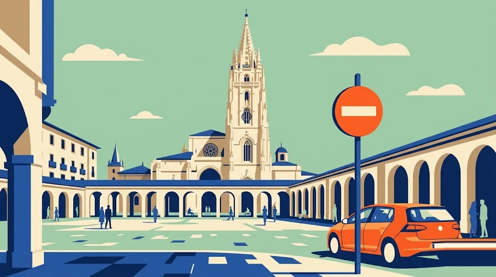 Ilustración de la torre gótica de la Catedral de San Salvador de Oviedo sobre una plaza porticada del casco antiguo, con una señal de restricción de tráfico en primer plano
