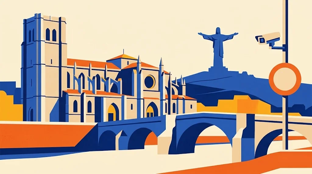 Ilustración de Palencia con la catedral de San Antolín, el Cristo del Otero sobre el cerro y el puente sobre el río Carrión, y una señal de restricción de tráfico en primer plano