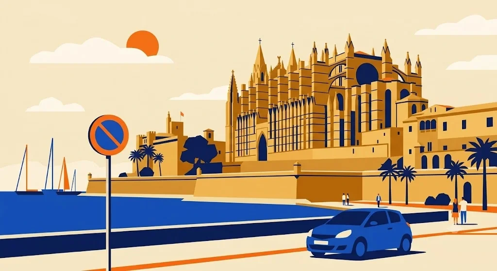 Ilustración del frente marítimo de Palma con la catedral gótica junto al agua y veleros en la bahía, con una señal de restricción de tráfico en primer plano