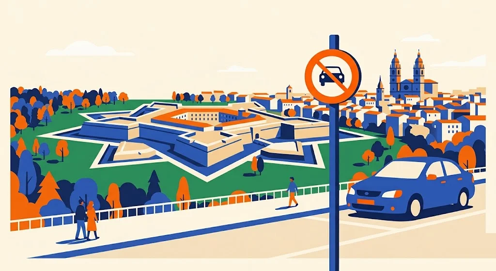 Ilustración de las murallas y la Ciudadela de Pamplona con las torres de la Catedral de Santa María al fondo, con una señal de restricción de tráfico en primer plano