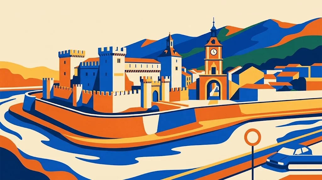 Ilustración de Ponferrada con el castillo de los Templarios junto al río Sil y la torre del Reloj, y una señal de restricción de tráfico en primer plano
