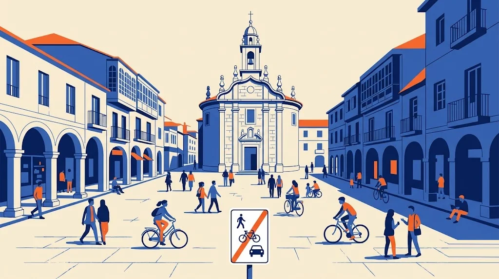 Ilustración de una plaza peatonal de granito de Pontevedra con la capilla de la Peregrina, peatones y bicicletas, y una señal blanca de tráfico restringido en primer plano