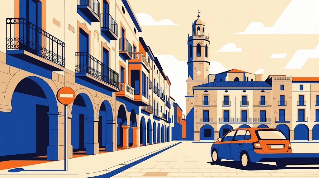 Ilustración de una plaza porticada del centro de Reus con fachadas modernistas y un campanario al fondo, con una señal de restricción de tráfico en primer plano